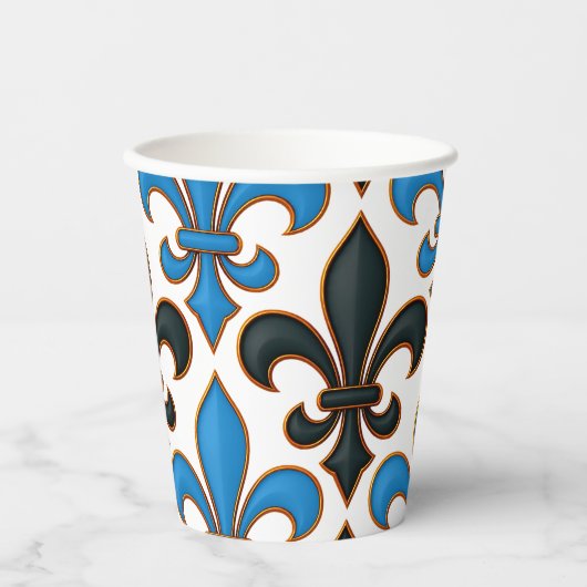 Blue Black Baroque Fleur-de-lis Pattern Design  Papieren Bekers (Voorkant)
