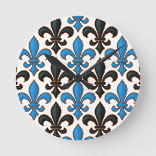 Blue Black Baroque Fleur-de-lis Pattern Design  Ronde Klok (Voorkant)