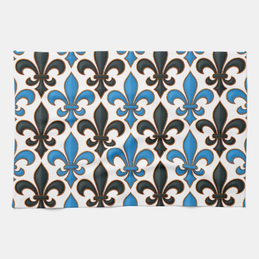 Blue Black Baroque Fleur-de-lis Pattern Design  Theedoek (Horizontaal)