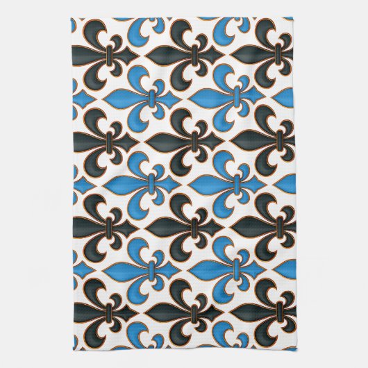 Blue Black Baroque Fleur-de-lis Pattern Design  Theedoek (Verticaal)