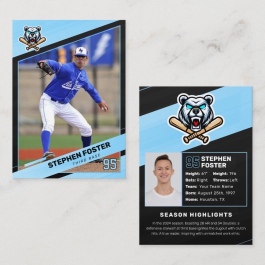 Blue & Black Baseball Trading Card, Baseball Card Contactkaartje (Voorkant / Achterkant)