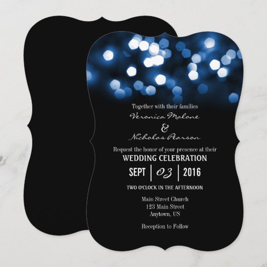 Blue Black Bokeh Glitter Lights Wedding Invites Kaart (Voorkant / Achterkant)