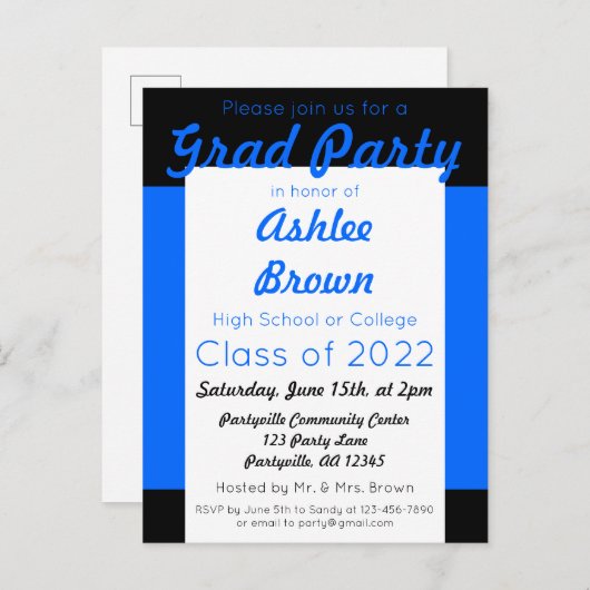 Blue Black Bold Afstudeerder Party Afstuderen Uitnodiging Briefkaart (Voorkant / Achterkant)