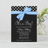 Blue Black Bow Polka Dot Baby Shower-uitnodigingen Kaart (Staand voorkant)