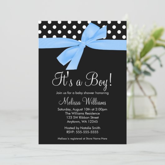 Blue Black Bow Polka Dot Baby Shower-uitnodigingen Kaart (Staand voorkant)