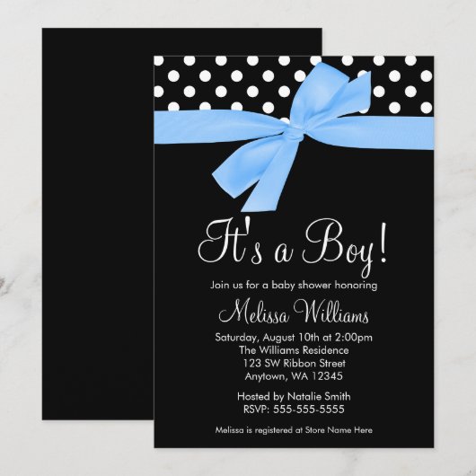 Blue Black Bow Polka Dot Baby Shower-uitnodigingen Kaart (Voorkant / Achterkant)