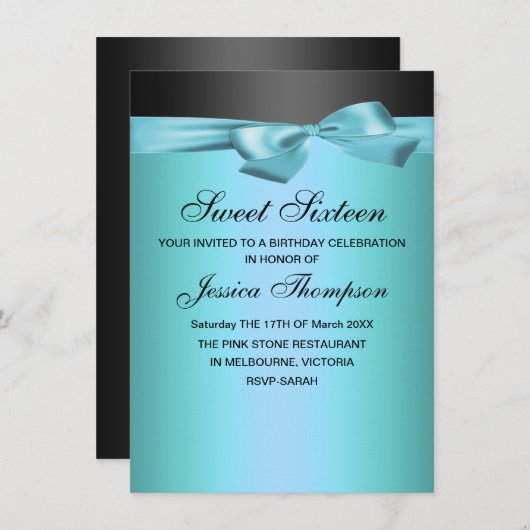 Blue & Black Bow Sweet 16 Verjaardag Uitnodiging (Voorkant / Achterkant)