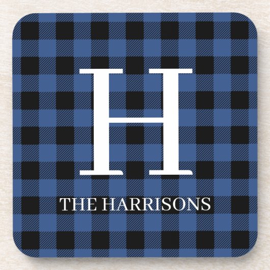 Blue Black Buffalo Plaid Monogram Holiday Bier Onderzetter (Voorkant)