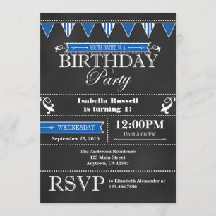 Blue Black Chalkboard Birthday Invitation Kaart