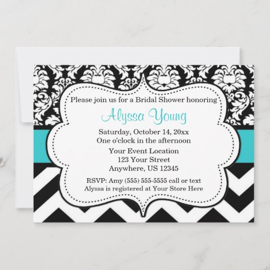 Blue Black Chevron Damask uitnodiging (Voorkant)