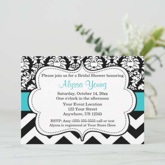 Blue Black Chevron Damask uitnodiging (Staand voorkant)