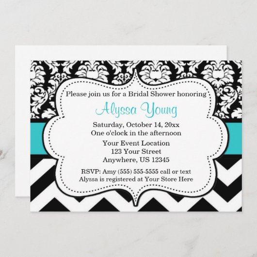 Blue Black Chevron Damask uitnodiging (Voorkant / Achterkant)