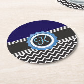Blue Black Chevron Monogram Ronde Kartonnen Onderzetter (Gebogen)