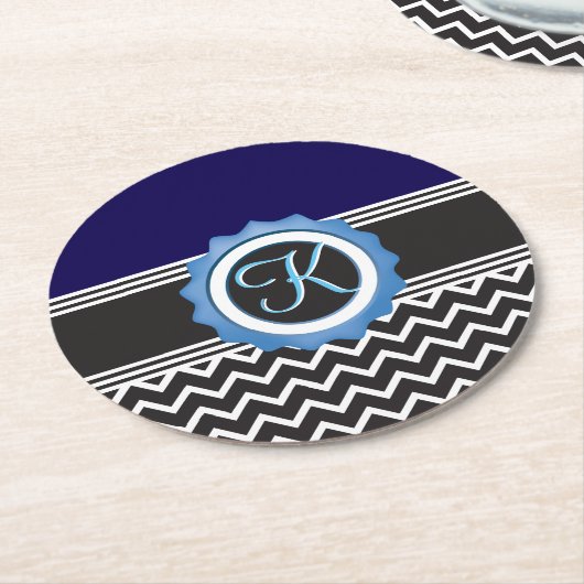 Blue Black Chevron Monogram Ronde Kartonnen Onderzetter (Gebogen)