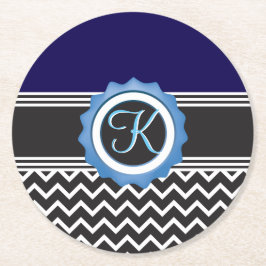 Blue Black Chevron Monogram Ronde Kartonnen Onderzetter