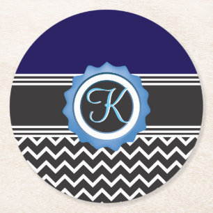 Blue Black Chevron Monogram Ronde Kartonnen Onderzetter