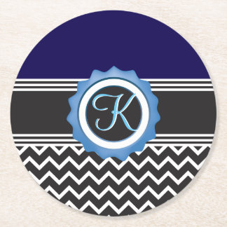 Blue Black Chevron Monogram Ronde Kartonnen Onderzetter
