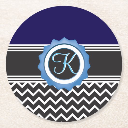 Blue Black Chevron Monogram Ronde Kartonnen Onderzetter (Voorkant)