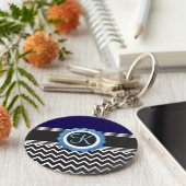 Blue Black Chevron Monogram Sleutelhanger (Zijkant)