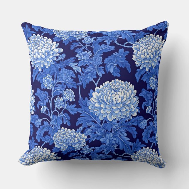 Blue Black Chinoiserie Peony Floral Kussen (Voorkant)