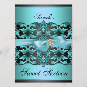 Blue/Black Damask & Bow Sweet16 Birthday Invite Kaart