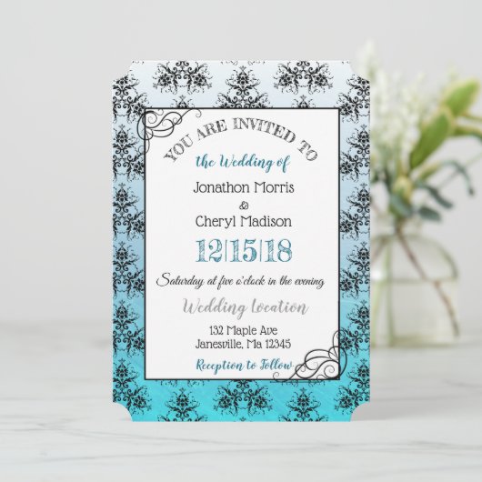 Blue Black Damask Classy Wedding-uitnodigingen Kaart (Staand voorkant)