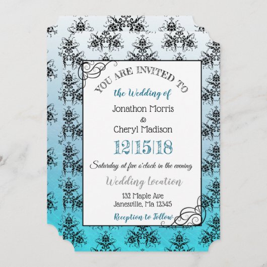 Blue Black Damask Classy Wedding-uitnodigingen Kaart (Voorkant / Achterkant)