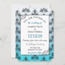 Blue Black Damask Classy Wedding-uitnodigingen