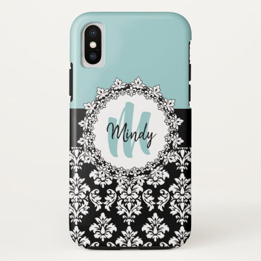 Blue Black Damask Hand Lettered Monogram Naam Case-Mate iPhone Case (Achterkant)