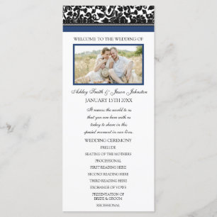 Blue Black Damask Photo Wedding Program Programmakaart