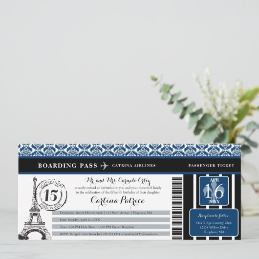 Blue Black Damask Quinceanera Paris Boarding Pass Kaart (Staand voorkant)