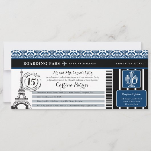 Blue Black Damask Quinceanera Paris Boarding Pass Kaart (Voorkant)