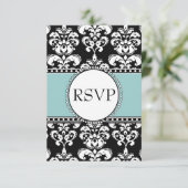 Blue Black Damask RSVP voor Square Invitations Kaart (Staand voorkant)