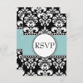 Blue Black Damask RSVP voor Square Invitations Kaart (Voorkant / Achterkant)