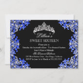Blue & Black Damask Tiara Sweet 16 Uitnodiging (Voorkant)