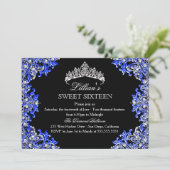 Blue & Black Damask Tiara Sweet 16 Uitnodiging (Staand voorkant)
