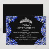 Blue & Black Damask Tiara Sweet 16 Uitnodiging (Voorkant / Achterkant)