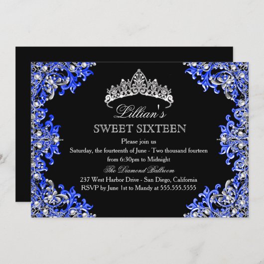 Blue & Black Damask Tiara Sweet 16 Uitnodiging (Voorkant / Achterkant)
