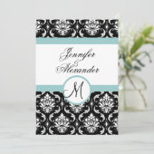 Blue Black Damask Wedding Monogram Uitnodiging (Staand voorkant)