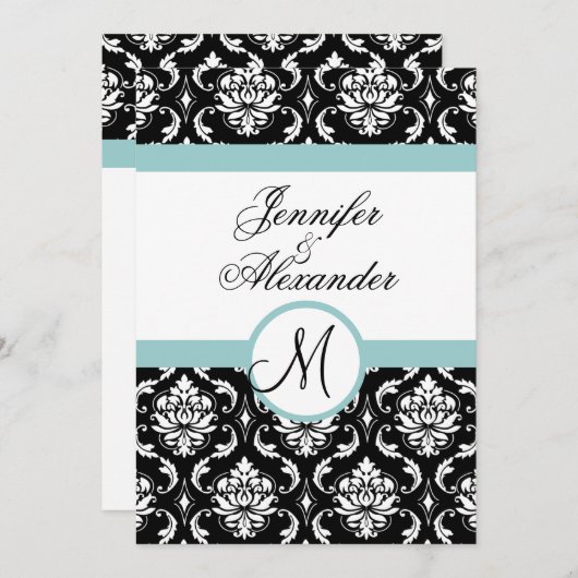 Blue Black Damask Wedding Monogram Uitnodiging (Voorkant / Achterkant)