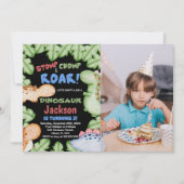 Blue Black Dinosaur Birthday Invitations w foto Kaart (Voorkant)