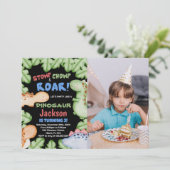 Blue Black Dinosaur Birthday Invitations w foto Kaart (Staand voorkant)