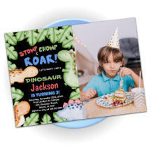 Blue Black Dinosaur Birthday Invitations w foto