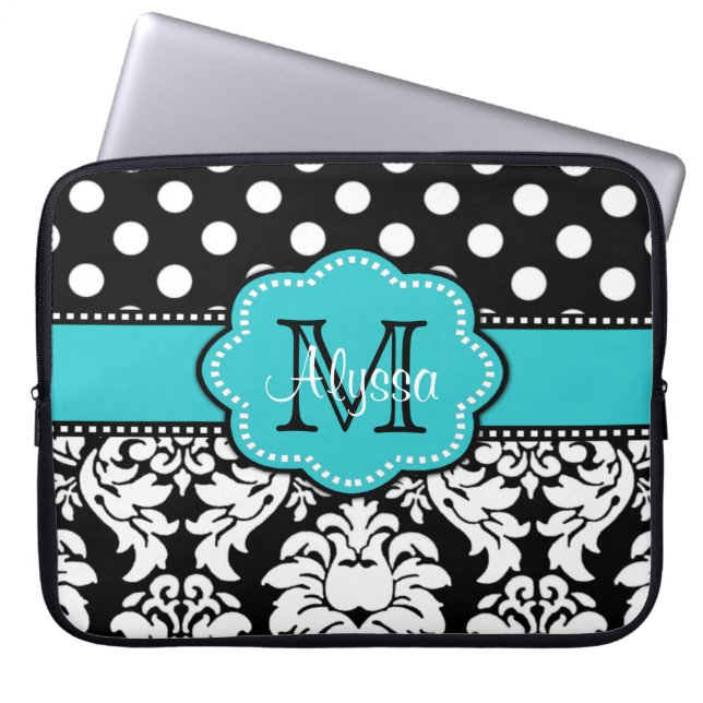 Blue Black Dot Damask Personal Computer Sleeve (Voorkant)