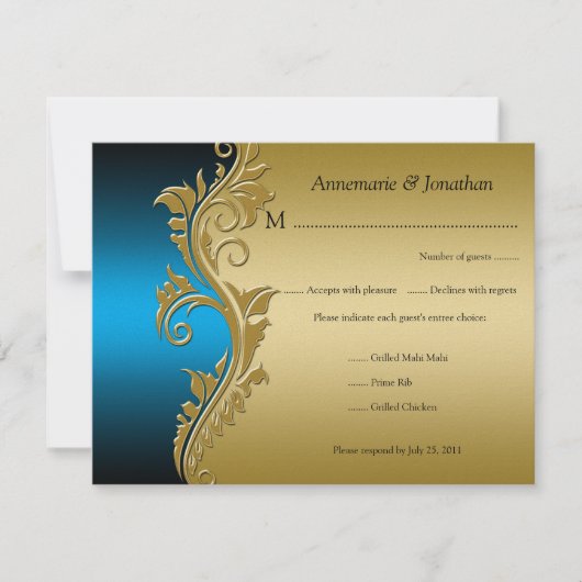 Blue Black en Gold Floral RSVP (Voorkant)