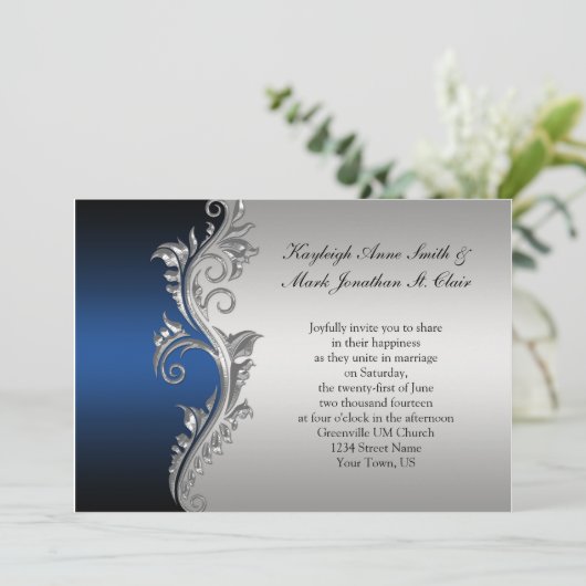  Blue Black en Silver Wedding Invitation Kaart (Staand voorkant)