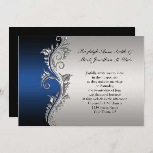 Blue Black en Silver Wedding Invitation Kaart (Voorkant / Achterkant)