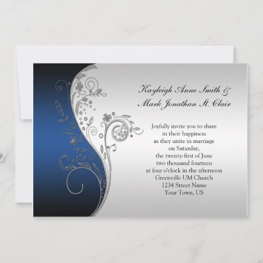 Blue Black en Silver Wedding Invitation Kaart (Voorkant)