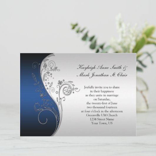  Blue Black en Silver Wedding Invitation Kaart (Staand voorkant)
