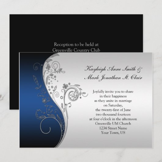 Blue Black en Silver Wedding Invitation Kaart (Voorkant / Achterkant)